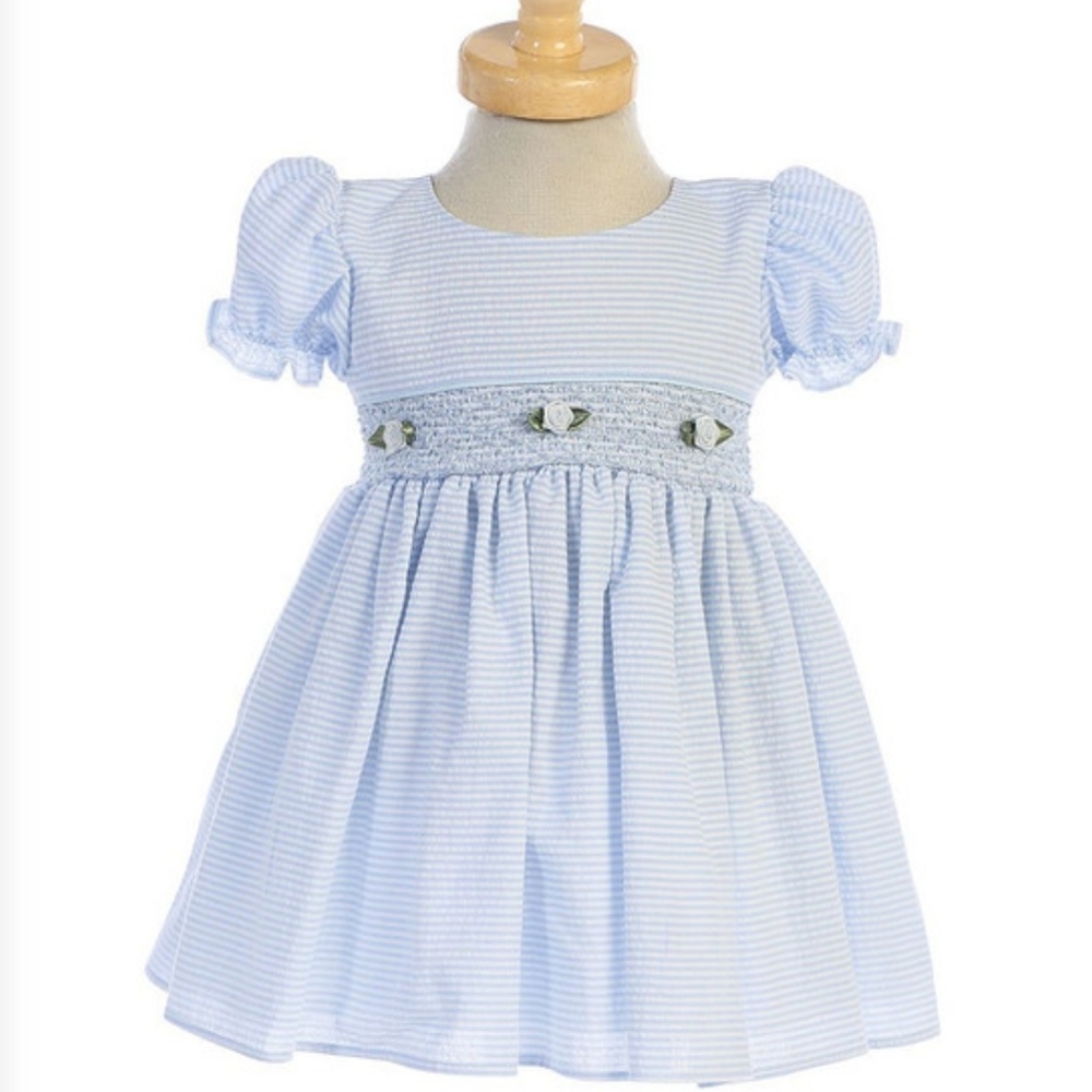 SOLD!!! Light blue cotton seersucker dress w/smocked waist